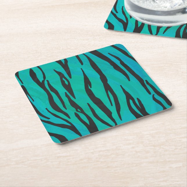 Tiger Black and Teal Print Square Paper Coaster (Angled)