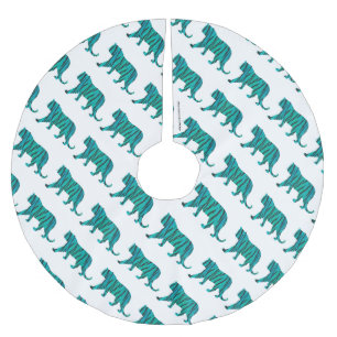 Tiger Black and Teal Silhouettes Brushed Polyester Tree Skirt