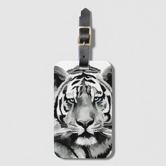 Tiger Black and White Blue eyes Luggage Tag (Front Vertical)
