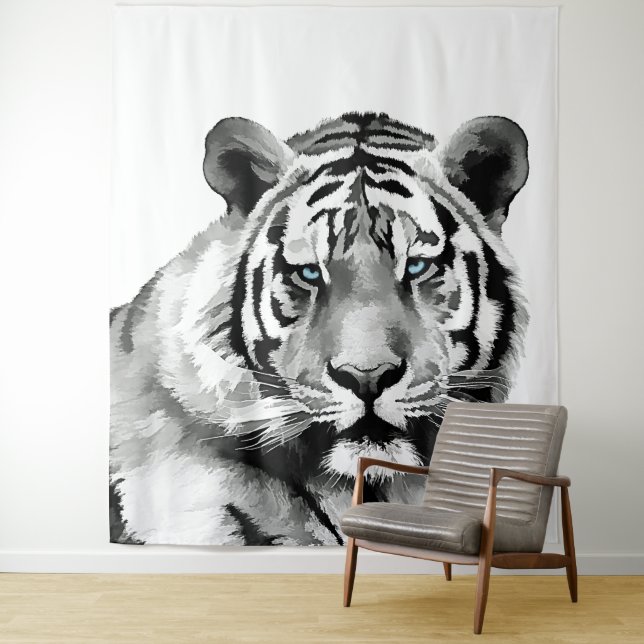 Tiger Black and White Blue eyes Tapestry (In Situ)