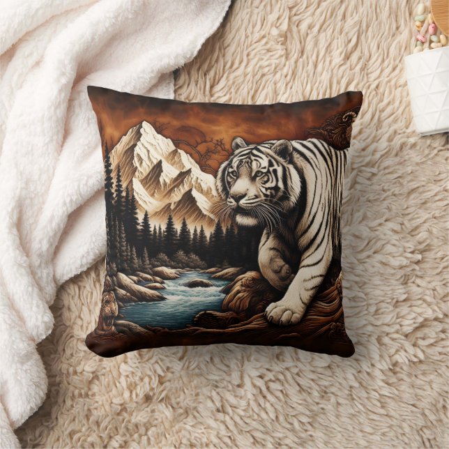 Tiger by River in Mountain Scene Cushion (Blanket)