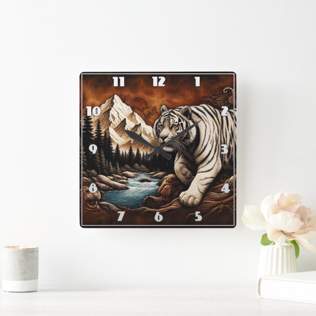 Tiger by River in Mountain Scene Square Wall Clock (Home)