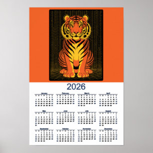 Tiger Calendar Dramatic Orange Black Tiger 2026 Poster