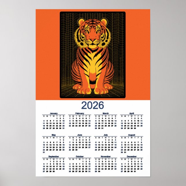 Tiger Calendar Dramatic Orange  Black Tiger 2026 Poster (Front)