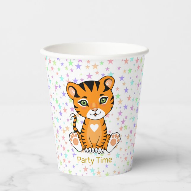 Tiger Cartoon & Multicolored Stars Party Paper Cups (Front)