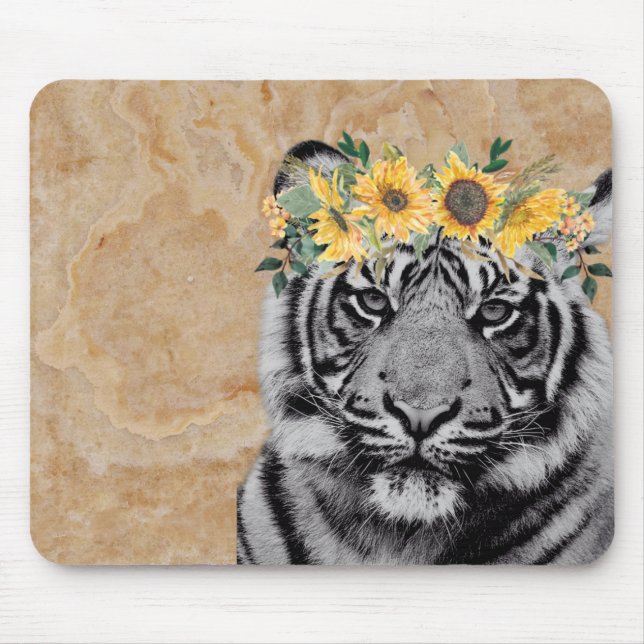 Tiger Cat Animal Sunflowers Boho Art Colourful Mouse Mat (Front)