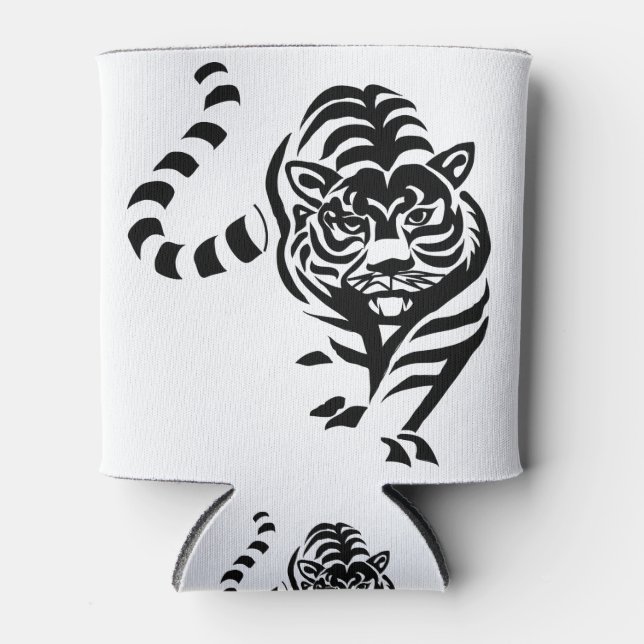 Tiger Cat Big Black White Stripes Prowl Walk Can Cooler (Front)