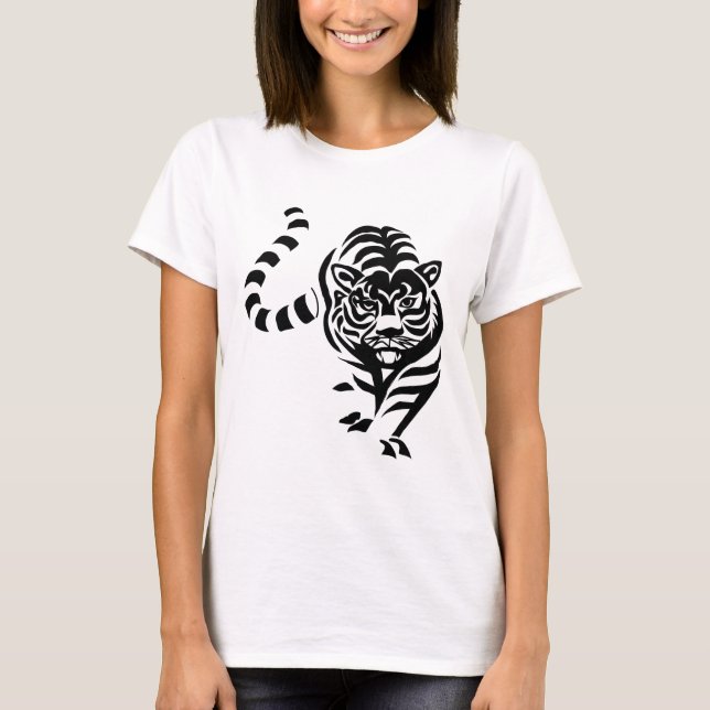 Tiger Cat Big Black White Stripes Prowl Walk T-Shirt (Front)