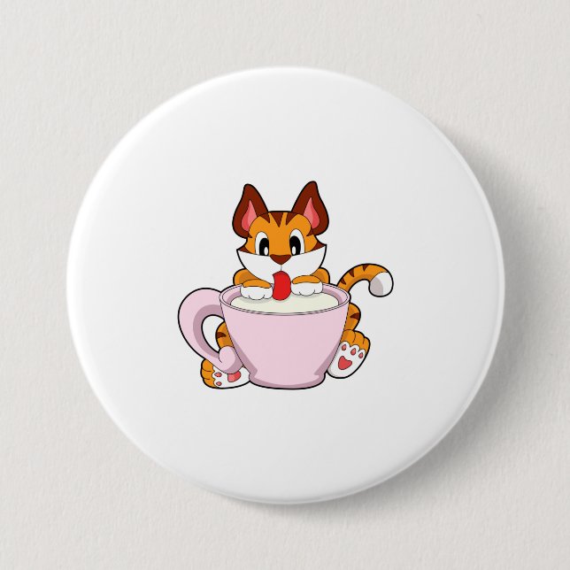 Tiger cat with Cup of Milk.PNG 7.5 Cm Round Badge (Front)