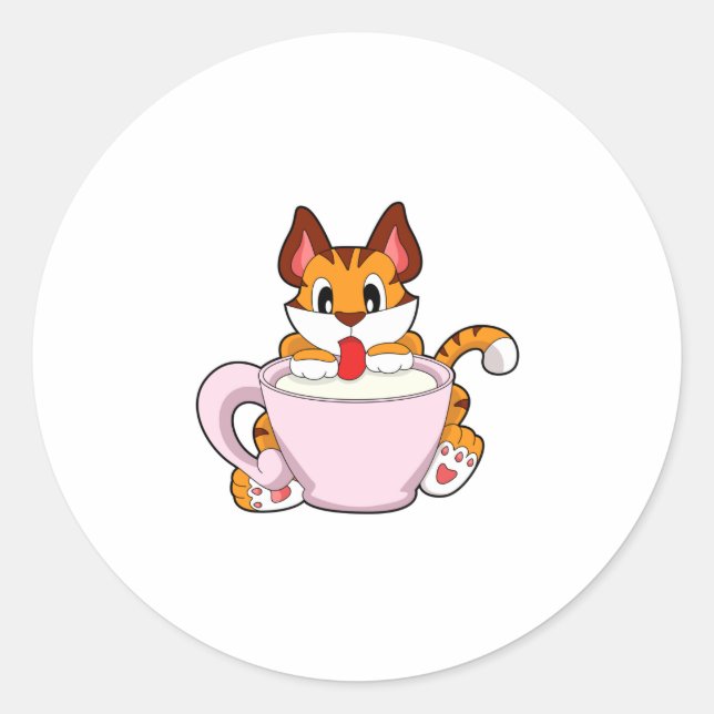 Tiger cat with Cup of Milk.PNG Classic Round Sticker (Front)