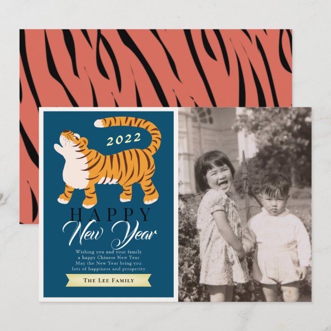 Tiger Chinese New Year Navy Holiday Photo Card (Front/Back)