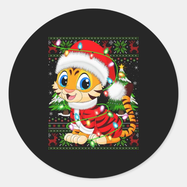 Tiger Christmas Lights Santa Costume Ugly Xmas Swe Classic Round Sticker (Front)