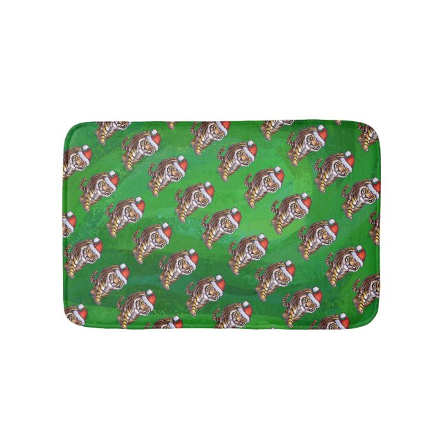 Tiger Christmas On Green Bath Mat (Front)