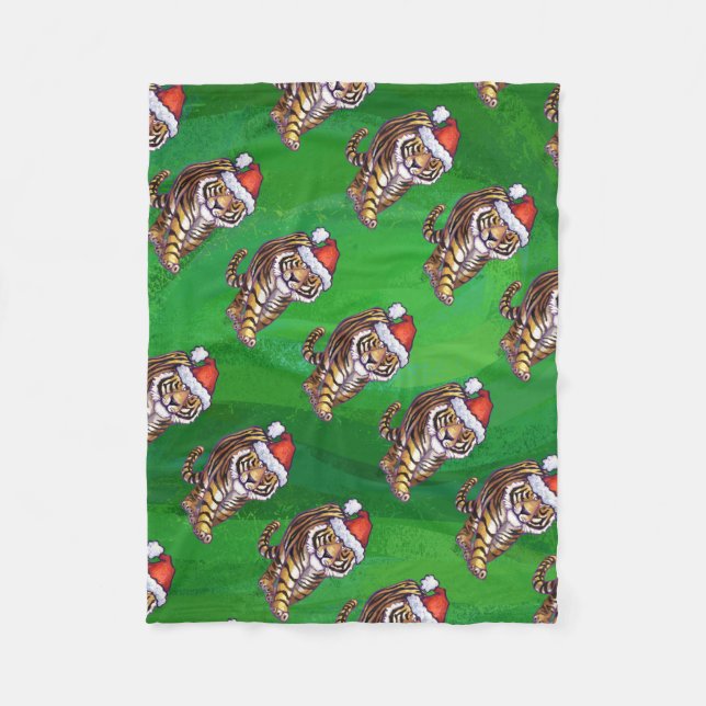 Tiger Christmas On Green Fleece Blanket (Front)
