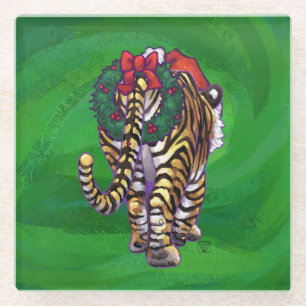 Tiger Christmas On Green Glass Coaster