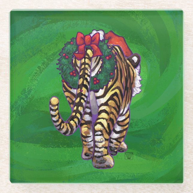 Tiger Christmas On Green Glass Coaster (Front)