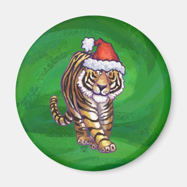 Tiger Christmas On Green Magnet (Front)