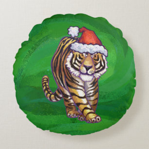 Tiger Christmas On Green Round Cushion