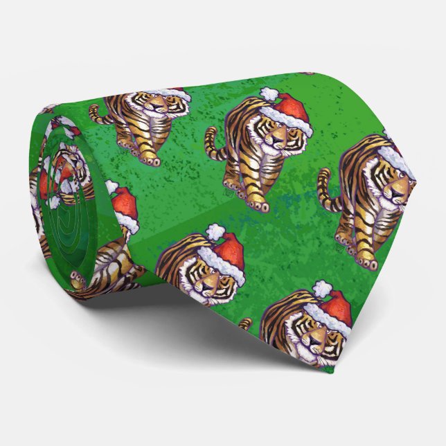 Tiger Christmas On Green Tie (Rolled)