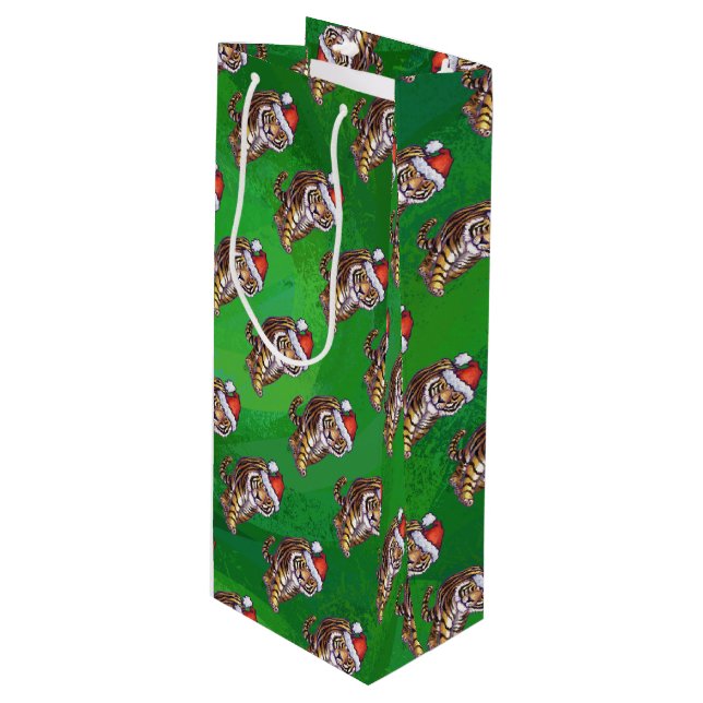 Tiger Christmas On Green Wine Gift Bag (Front Angled)