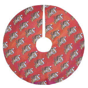 Tiger Christmas on Red Brushed Polyester Tree Skirt