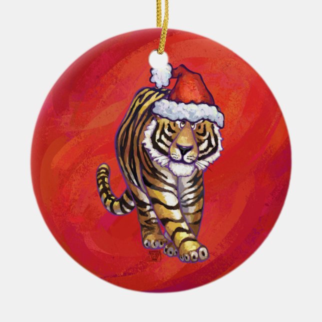 Tiger Christmas on Red Ceramic Tree Decoration (Front)