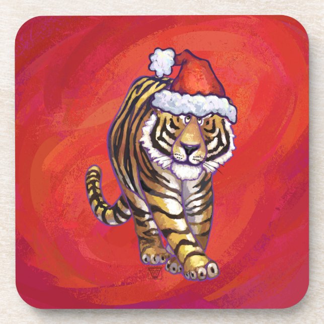 Tiger Christmas on Red Coaster (Front)