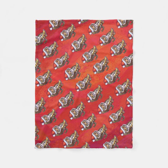 Tiger Christmas on Red Fleece Blanket (Front)
