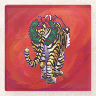 Tiger Christmas on Red Glass Coaster