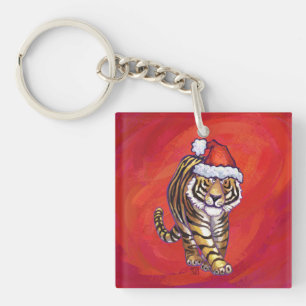 Tiger Christmas on Red Key Ring