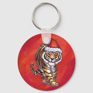 Tiger Christmas on Red Key Ring