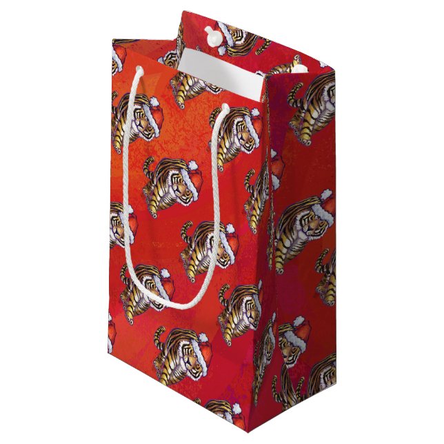 Tiger Christmas on Red Small Gift Bag (Front Angled)