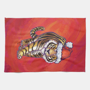 Tiger Christmas on Red Tea Towel