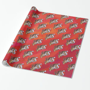 Tiger Christmas on Red Wrapping Paper
