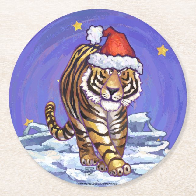 Tiger Christmas Round Paper Coaster (Front)