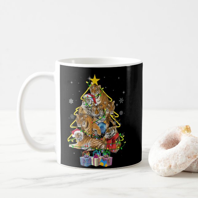 Tiger Christmas Tree Snow Funny Tiger Xmas Gift Coffee Mug (With Donut)