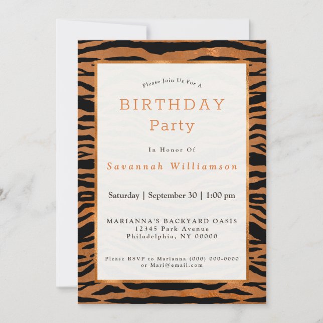 Tiger Copper Animal Print Birthday Invitation (Front)