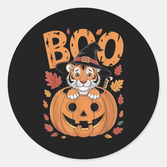 Tiger Costume On Pumpkin Halloween Tiger  Classic Round Sticker (Front)
