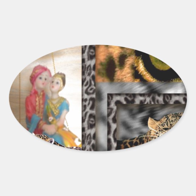 Tiger & Couple Art Print Oval Sticker (Front)