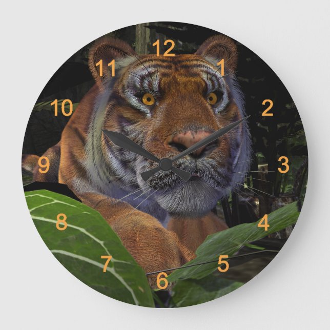 Tiger Crouching in the Jungle Large Clock (Front)