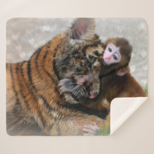 Tiger Cub and Baby Monkey Sherpa Blanket