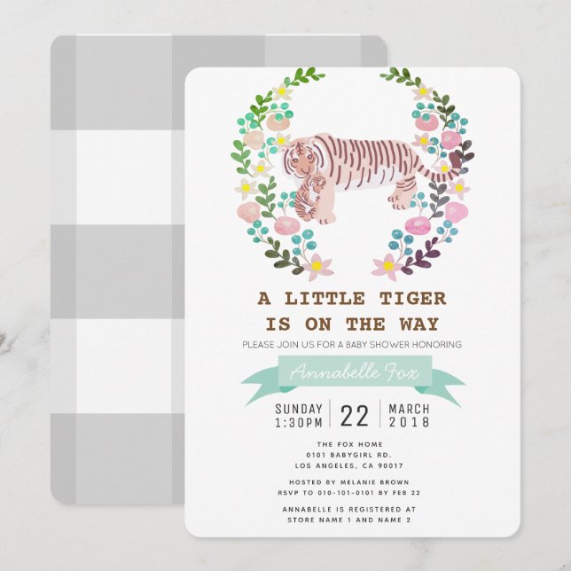 Tiger Cub Floral Wreath Baby Shower Invitation (Front/Back)