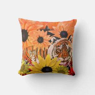 Tiger, Cub, Flowers and Orange Colours Cushion