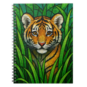 Tiger cub in tall grass, stained glass digital art notebook