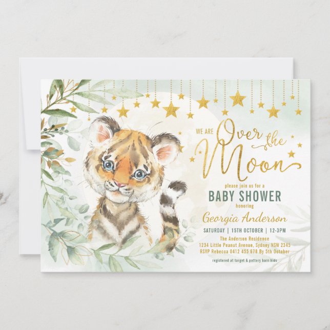 Tiger Cub Moon & Stars Greenery Baby Shower  Invitation (Front)