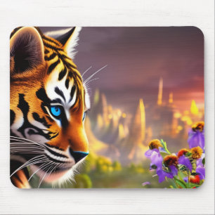 Tiger Cub, Purple Flowers Mouse Mat