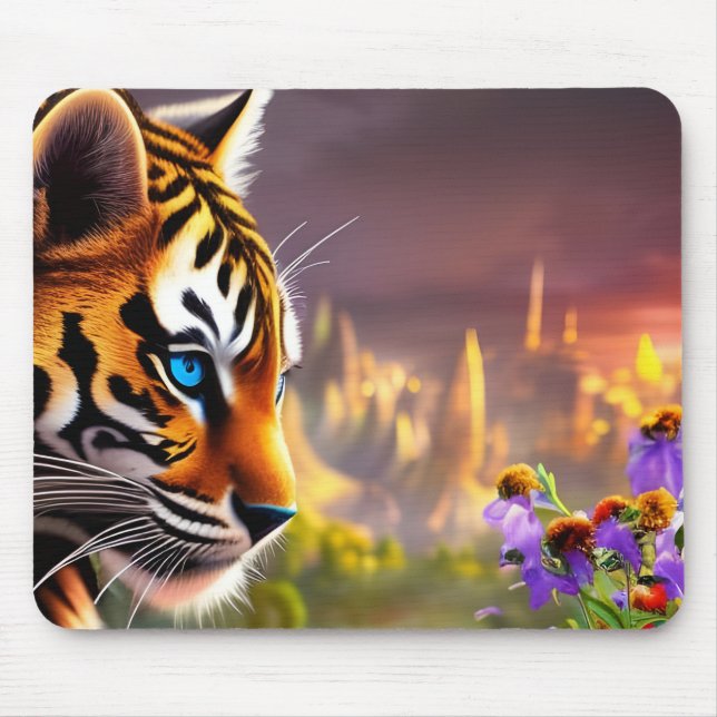 Tiger Cub,  Purple Flowers  Mouse Mat (Front)