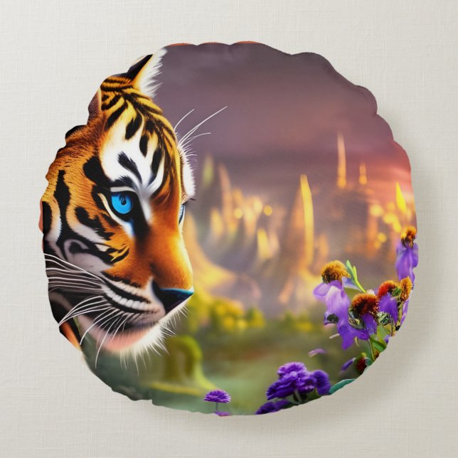 Tiger Cub,  Purple Flowers   Round Cushion (Front)