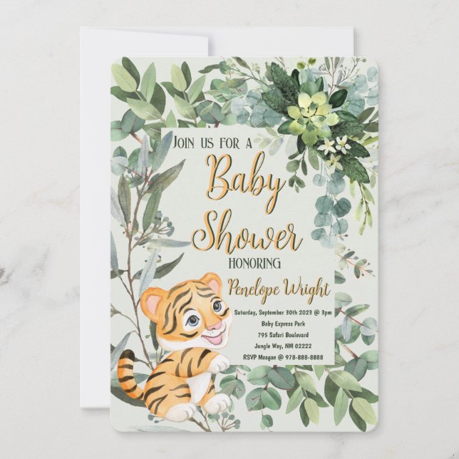 Tiger Cub Watercolor Light Green Baby Shower Invitation (Front)