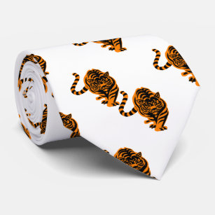 Tiger Design  Orange/Black Team Mascot On White Tie
